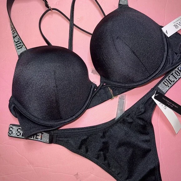 Victoria's Secret 34B,34C,34D,36B,36C,36D BOMBSHELL BIKINI S,M thong BLACK SHINE - Picture 2 of 3
